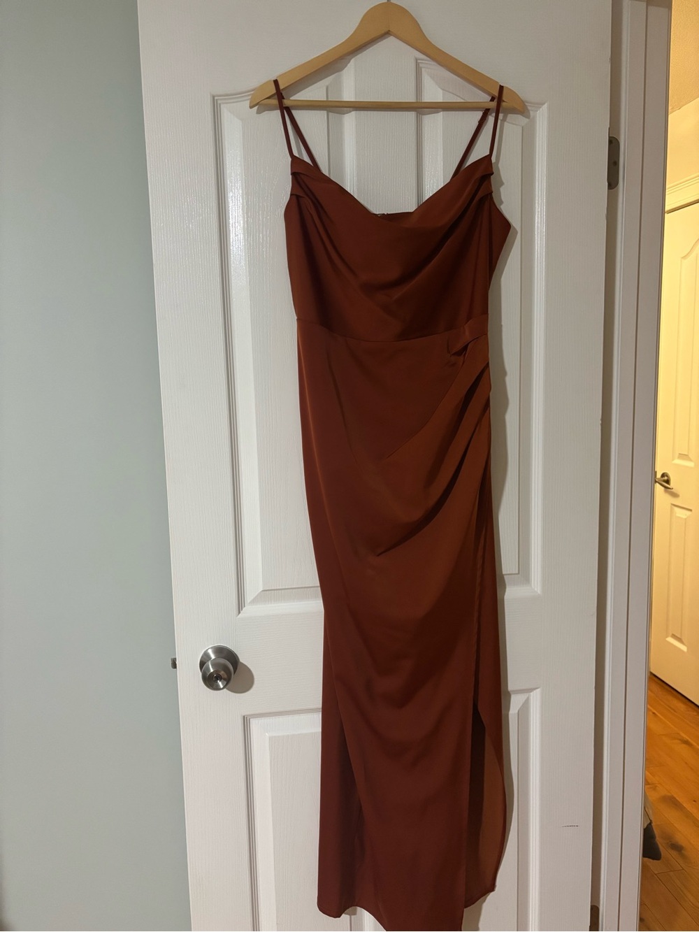 Cowl Neck Spaghetti Strap Maxi Dress in Rust